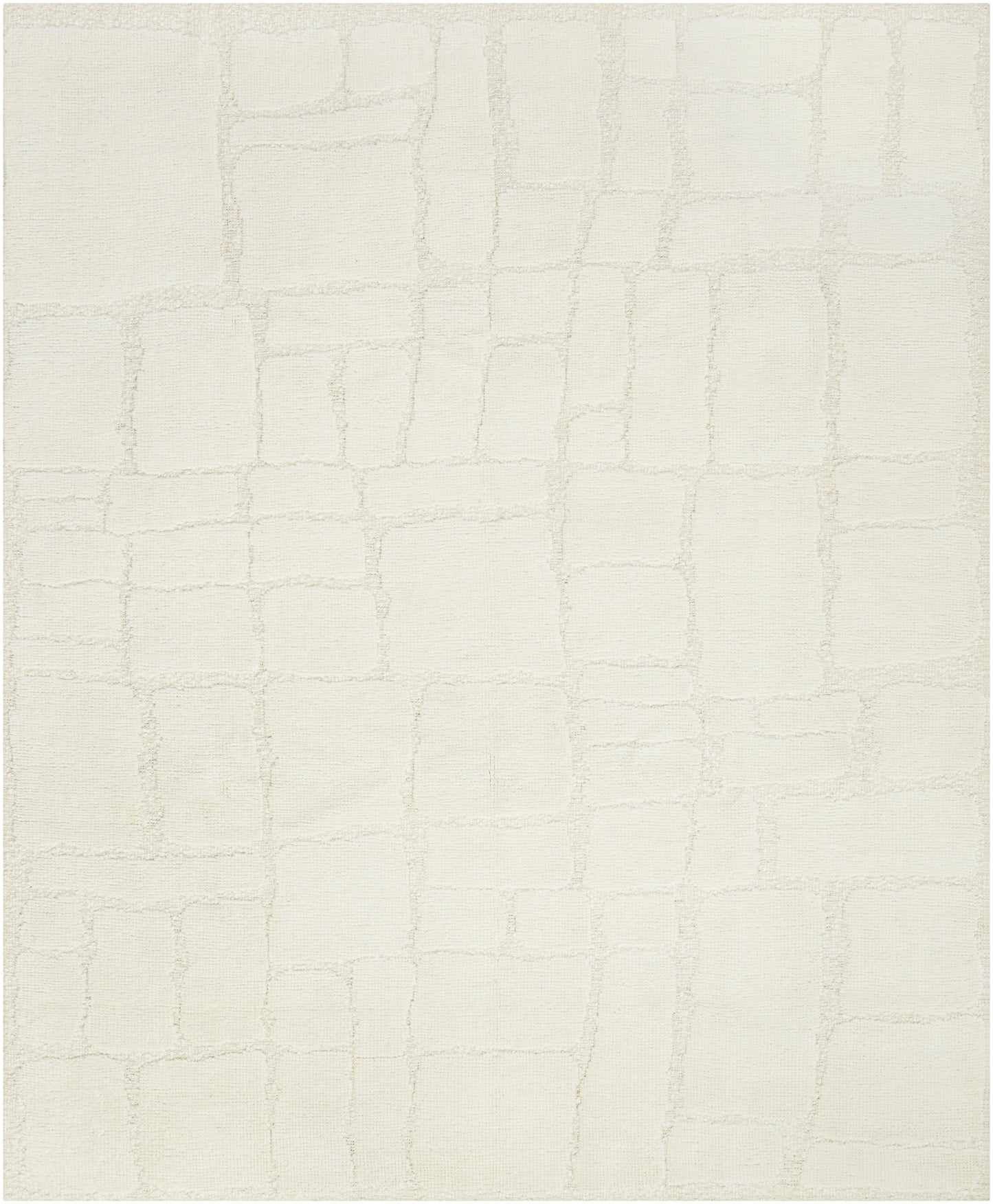 Cream rug with subtle cracked-tile pattern, neutral beige and ivory tones, soft texture for living room decor.