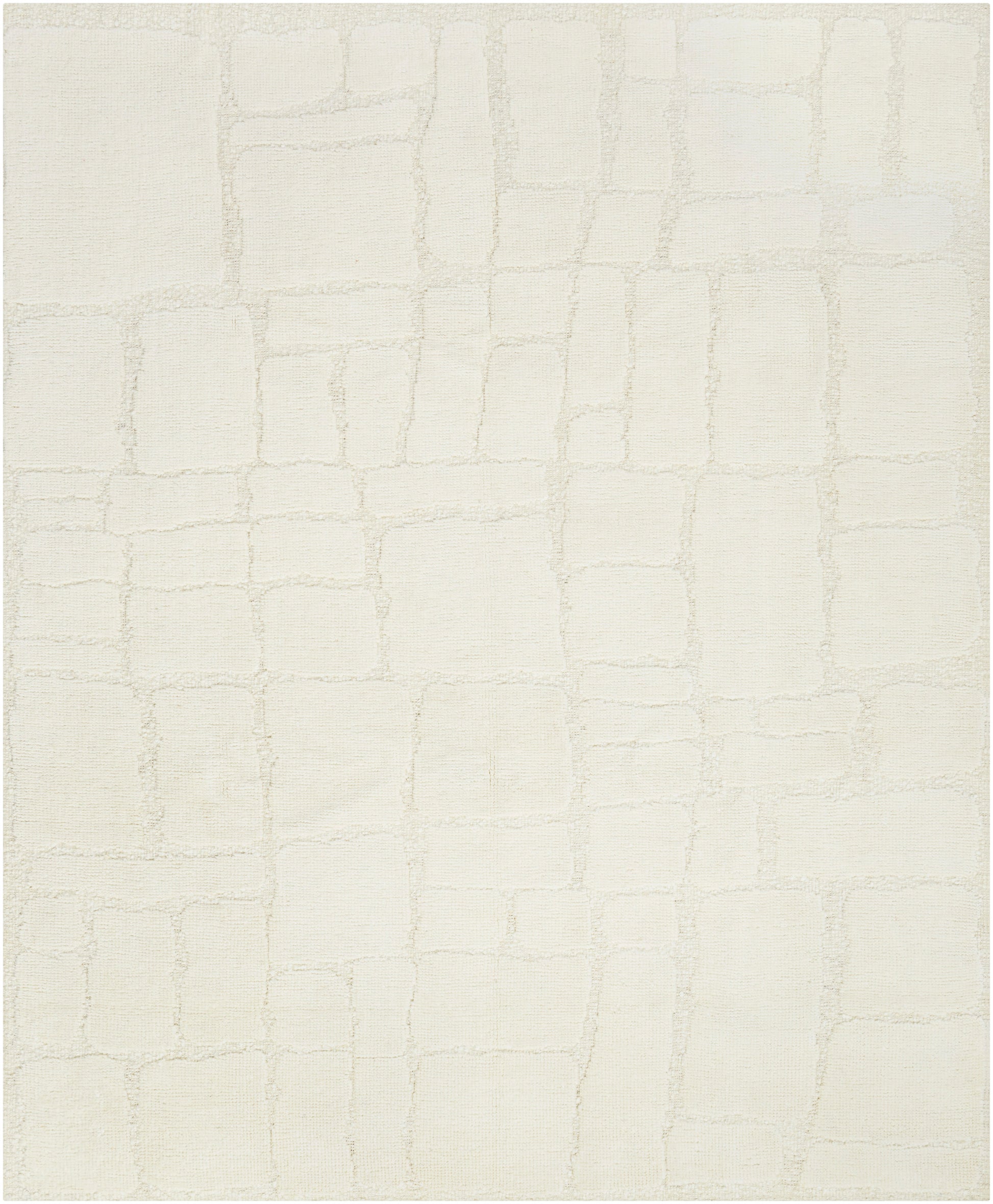 Cream rug with subtle cracked-tile pattern, neutral beige and ivory tones, soft texture for living room decor.
