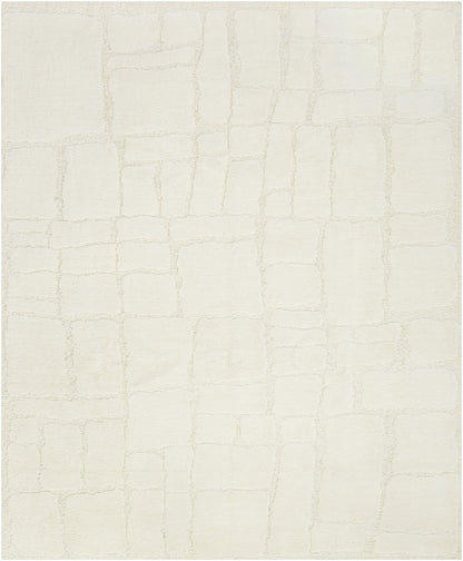 Cream rug with subtle cracked-tile pattern, neutral beige and ivory tones, soft texture for living room decor.