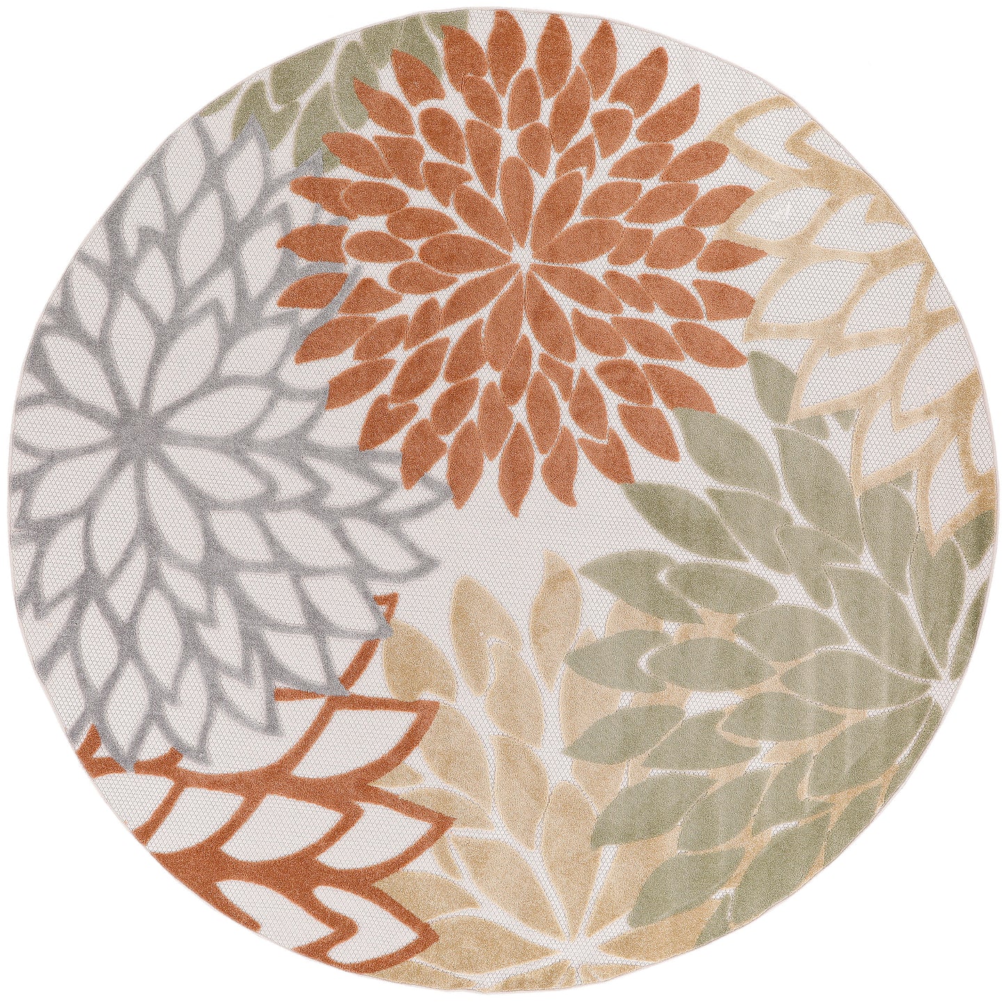 Round outdoor rug featuring a large overlapping floral mandala in orange, sage green, gray and beige on a cream background.