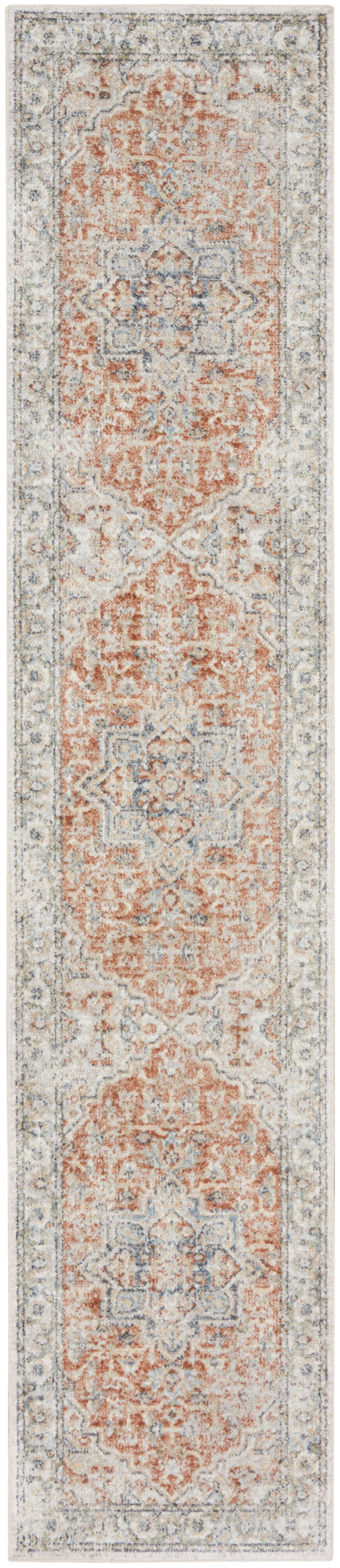 Elegant oriental runner rug with peach medallions and blue-gray floral motifs on ivory field, bordered in gray.