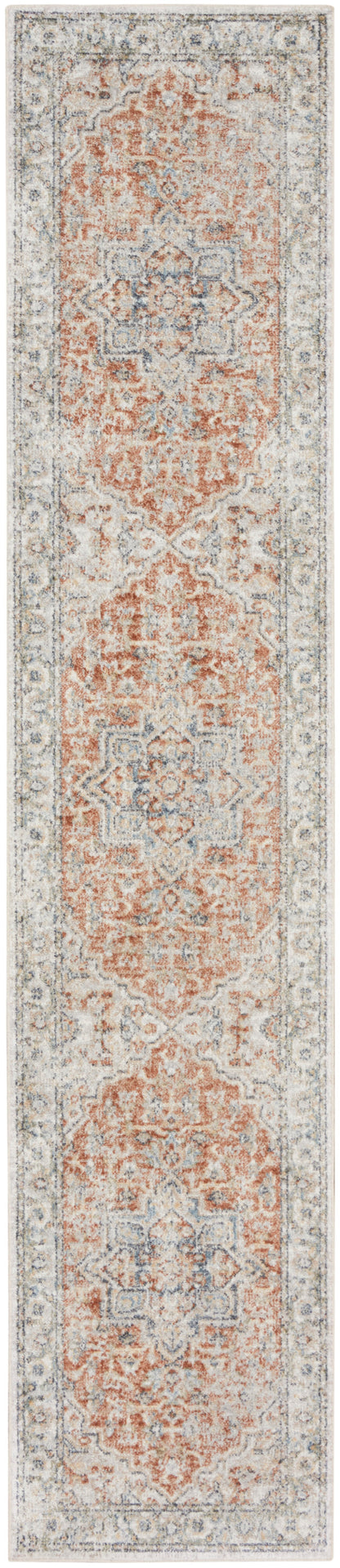 Elegant oriental runner rug with peach medallions and blue-gray floral motifs on ivory field, bordered in gray.