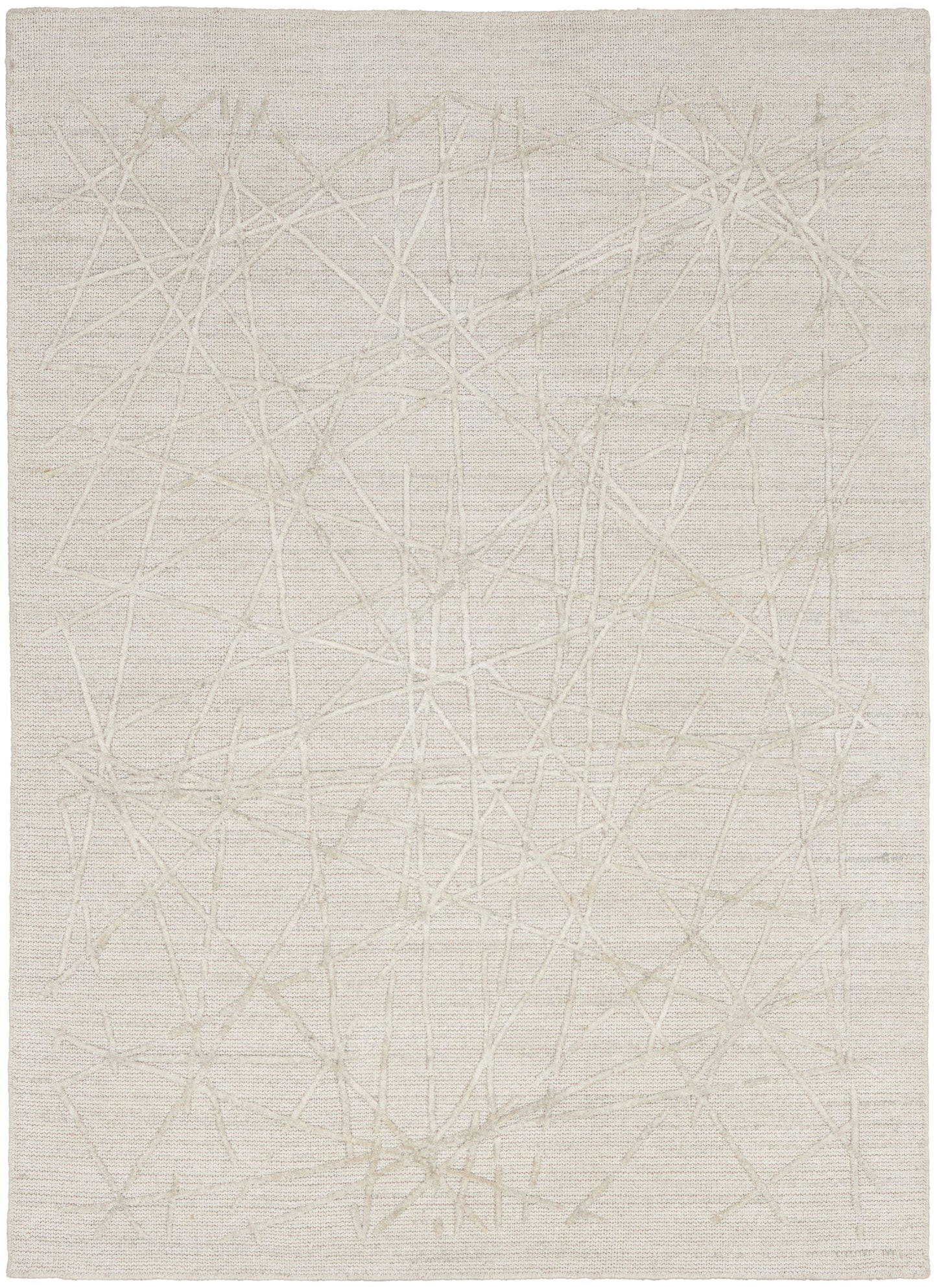 Beige flat-weave rug with a subtle cream crisscross line pattern and linen-like texture.
