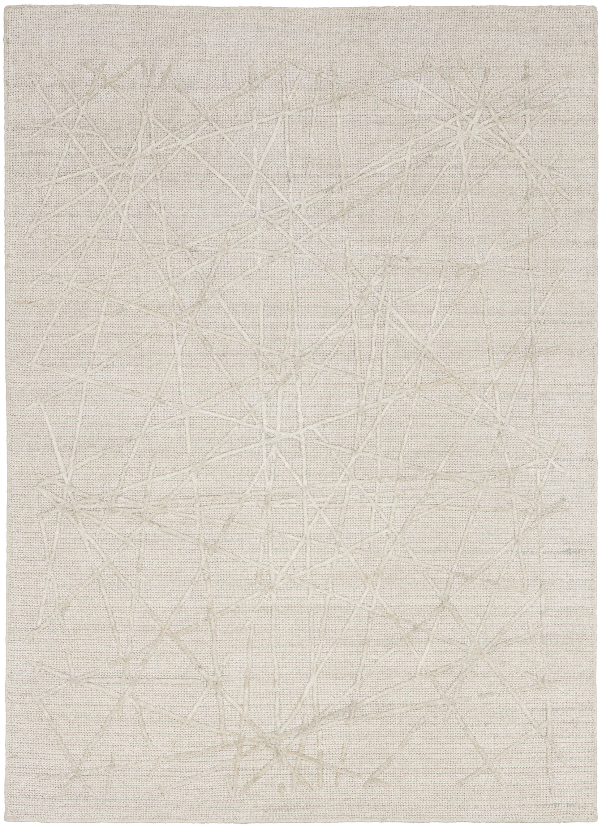 Beige flat-weave rug with a subtle cream crisscross line pattern and linen-like texture.