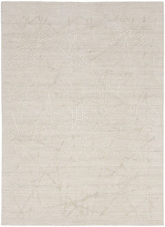 Beige flat-weave rug with a subtle cream crisscross line pattern and linen-like texture.