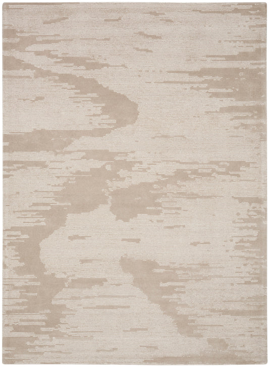Beige rectangular rug with abstract tan cloud pattern; soft woven texture for neutral contemporary decor.