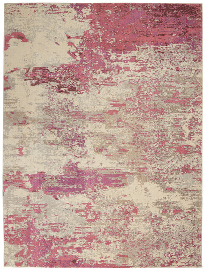 Abstract distressed beige rug with pink and magenta splotches; modern contemporary, decorative floor covering.