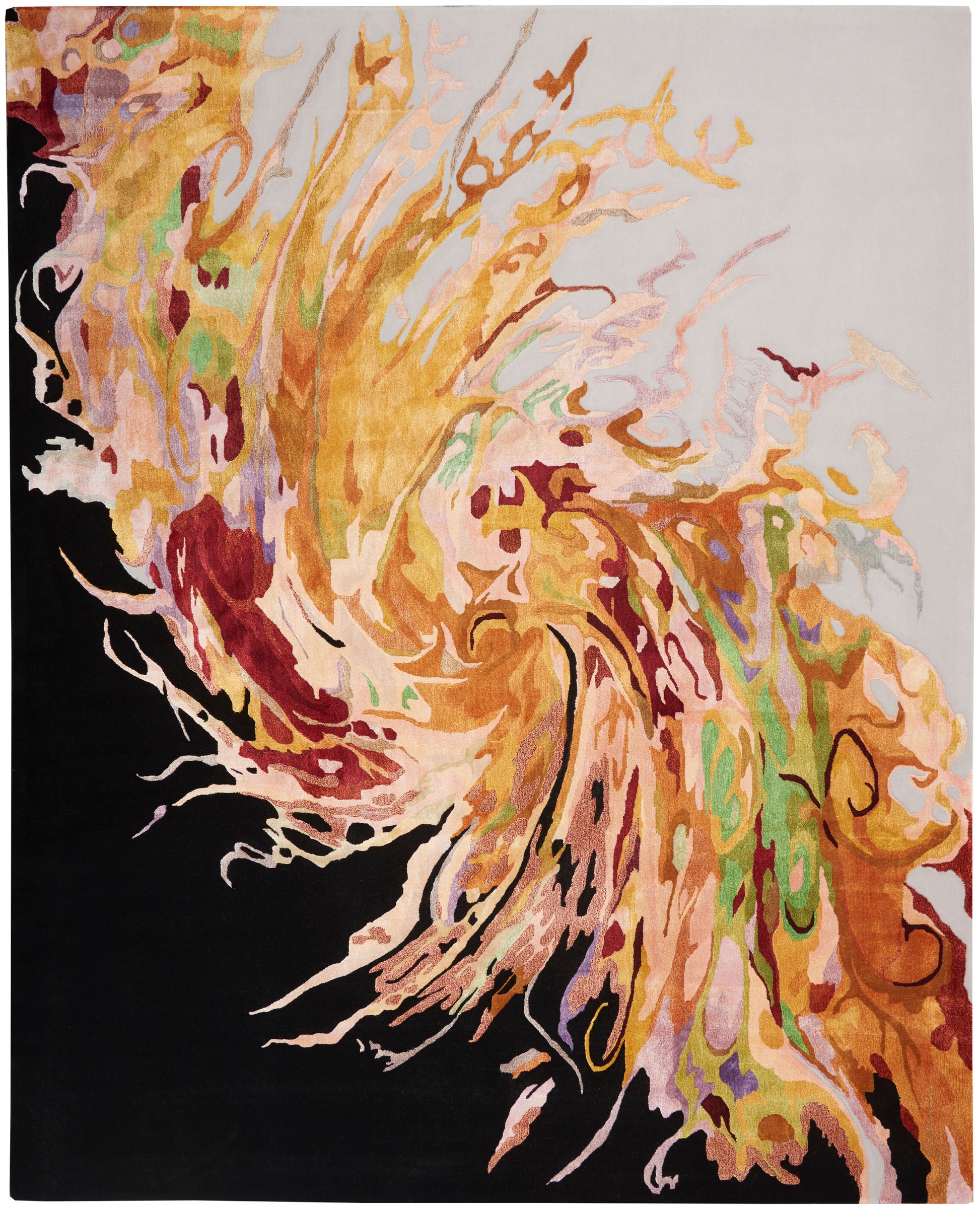 Abstract area rug featuring fiery orange, yellow and pink swirls spreading across black to pale gray background.