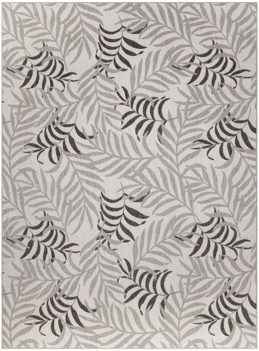 Rectangular area rug with botanical leaf motif in light and charcoal gray on a soft gray background; modern decor.