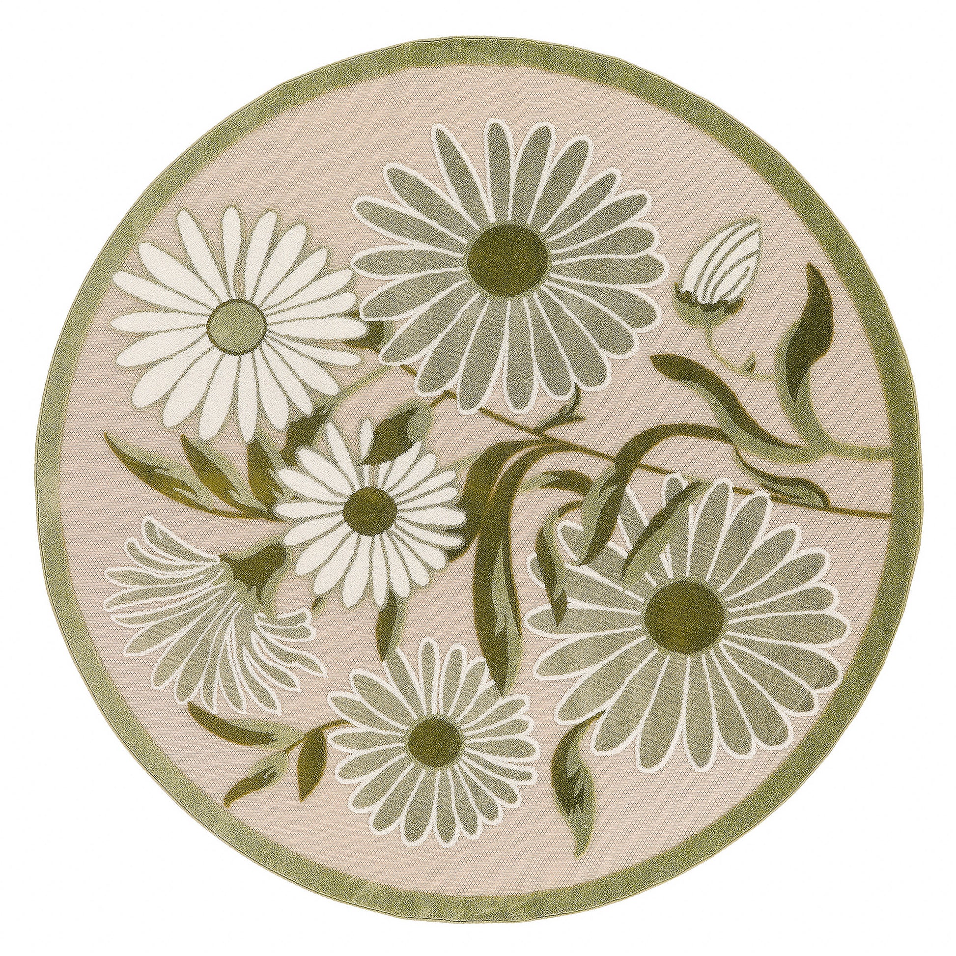 Round floral outdoor rug: blush pink background, white daisies, olive-green stems, and olive border.