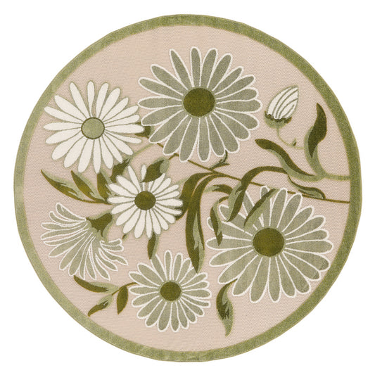 Round floral outdoor rug: blush pink background, white daisies, olive-green stems, and olive border.