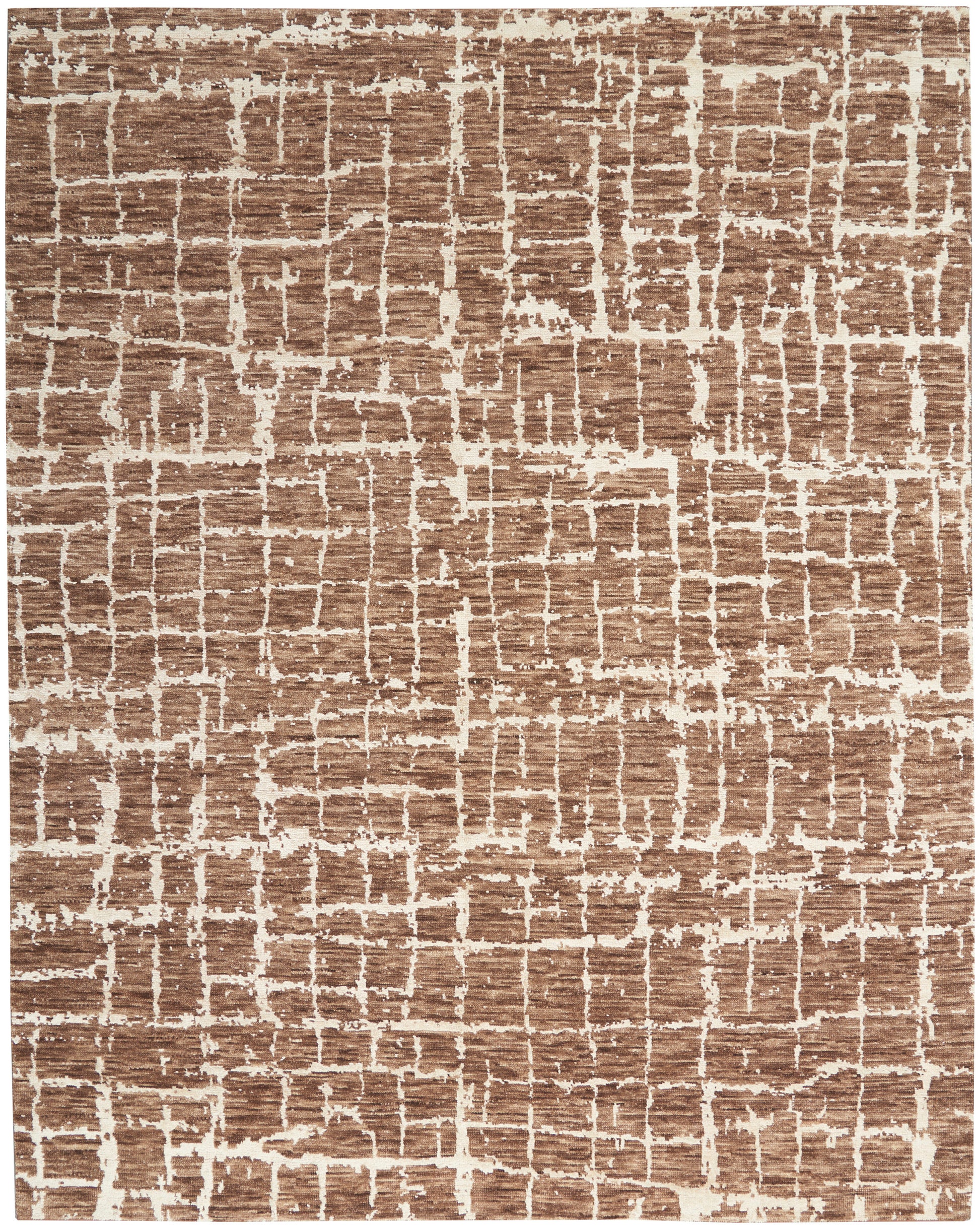 Brown textured area rug with a cream grid pattern; woven, modern rustic style for living spaces.