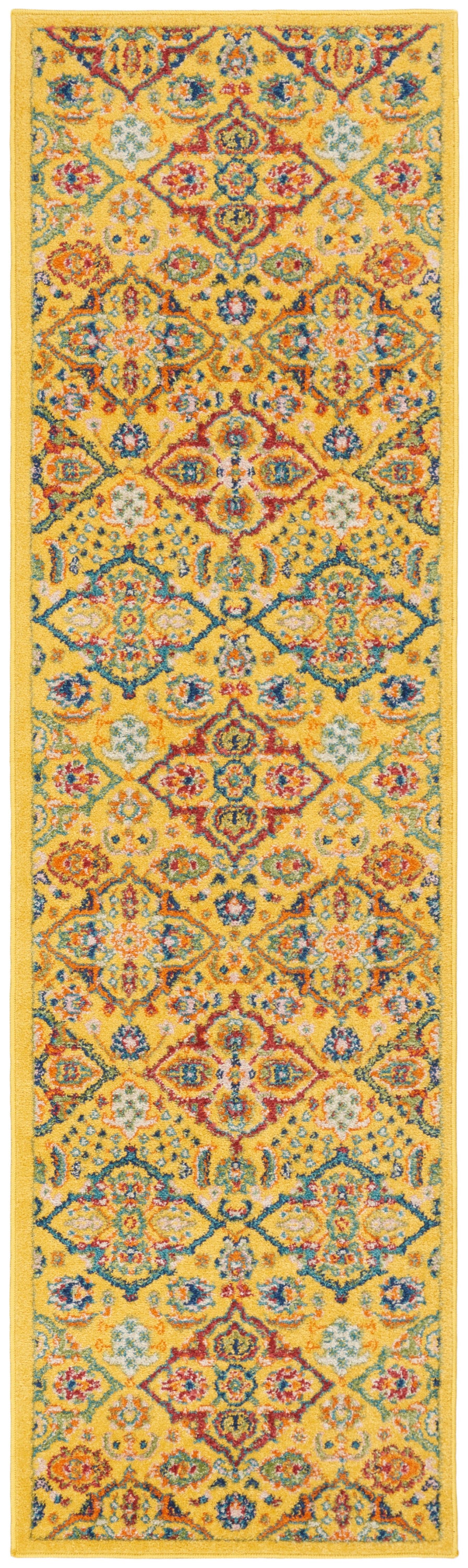 Yellow runner rug with ornate multicolor floral medallions and decorative blue, red, and green border.
