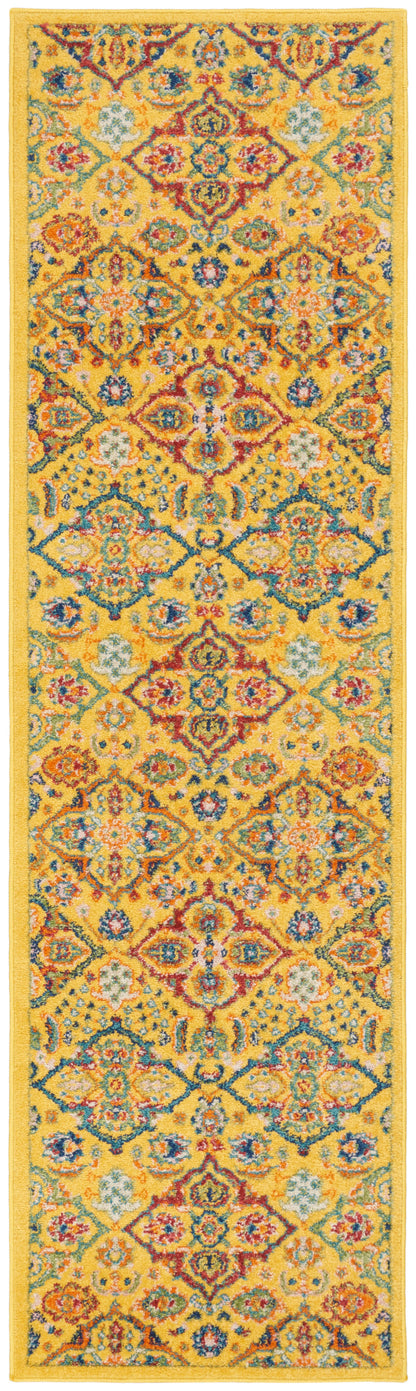 Yellow runner rug with ornate multicolor floral medallions and decorative blue, red, and green border.