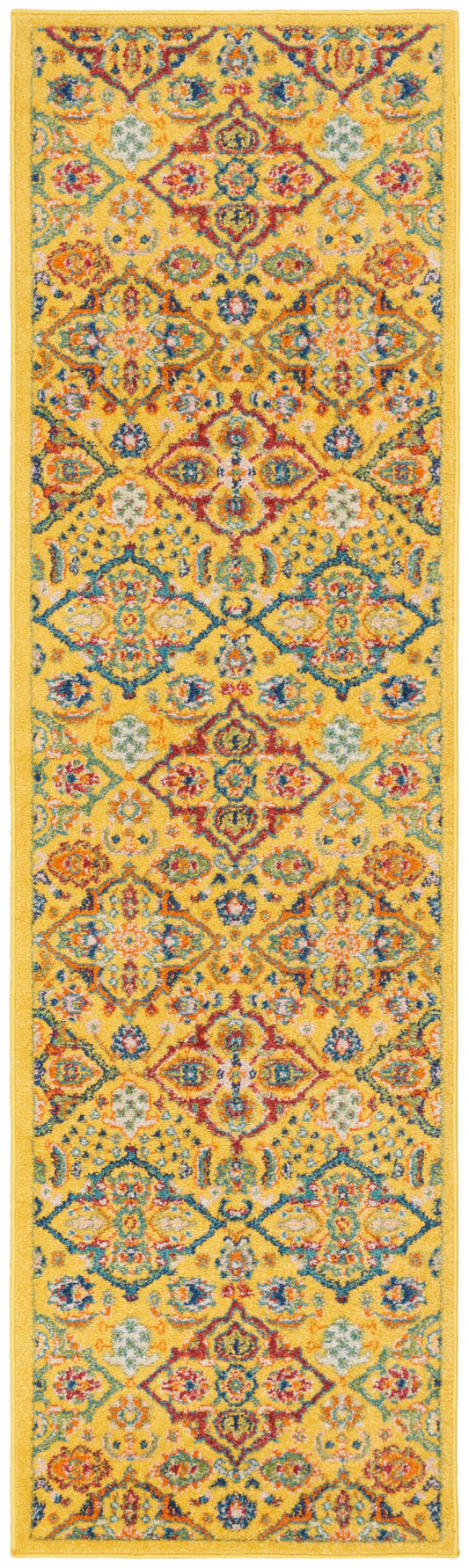 Yellow runner rug with ornate multicolor floral medallions and decorative blue, red, and green border.