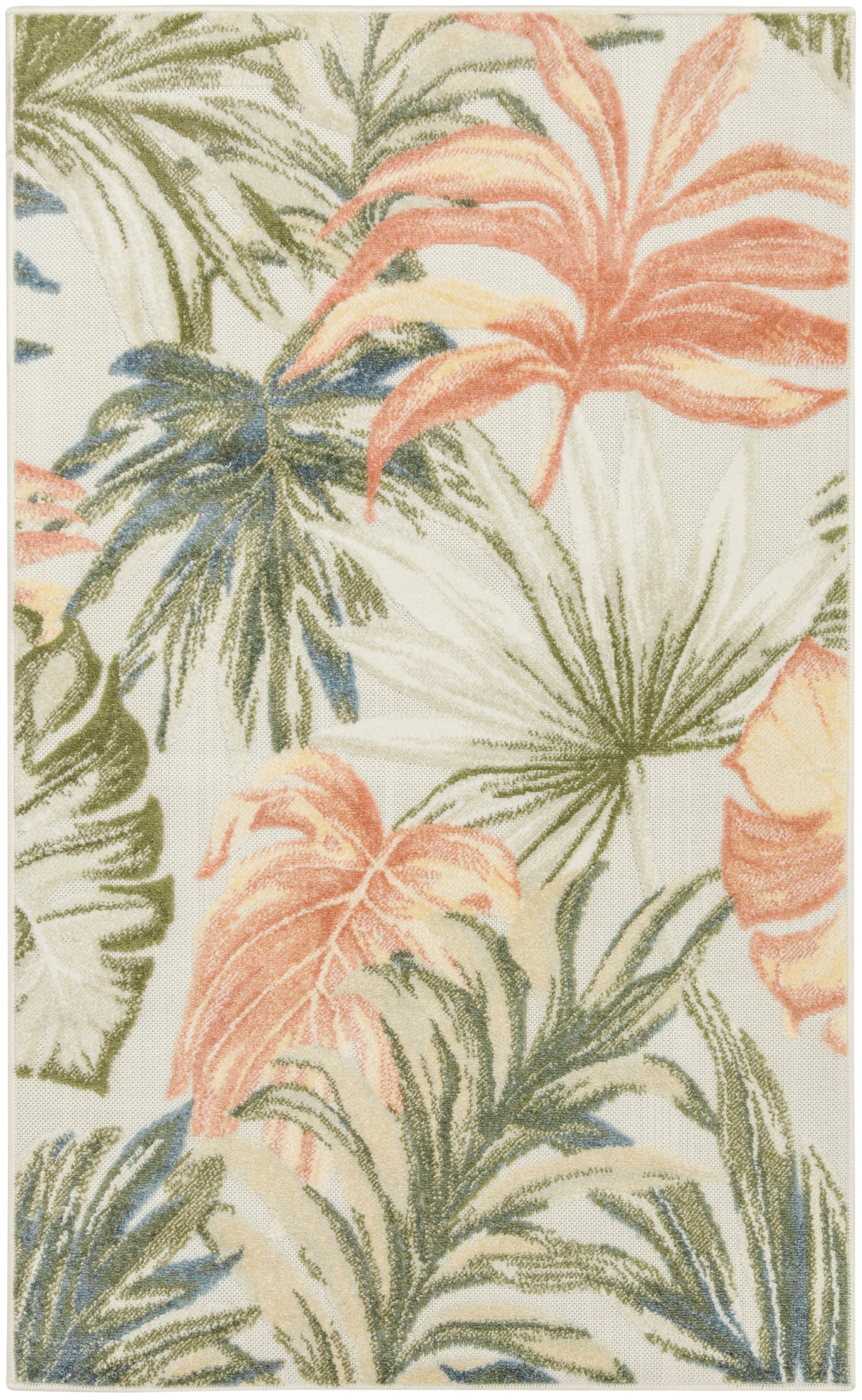 Tropical palm leaf area rug with coral, olive green, and cream leaves on a light background.