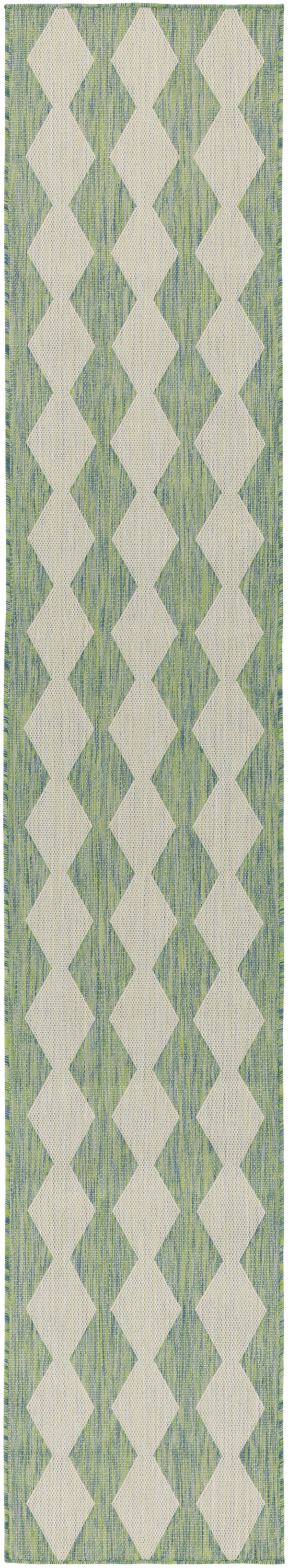 Narrow green runner with repeating beige diamonds and a subtle blue-green textured backdrop; green border.