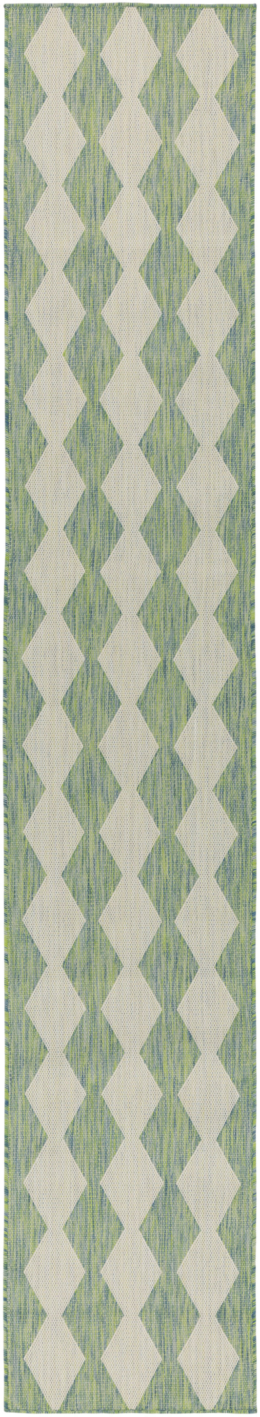Narrow green runner with repeating beige diamonds and a subtle blue-green textured backdrop; green border.