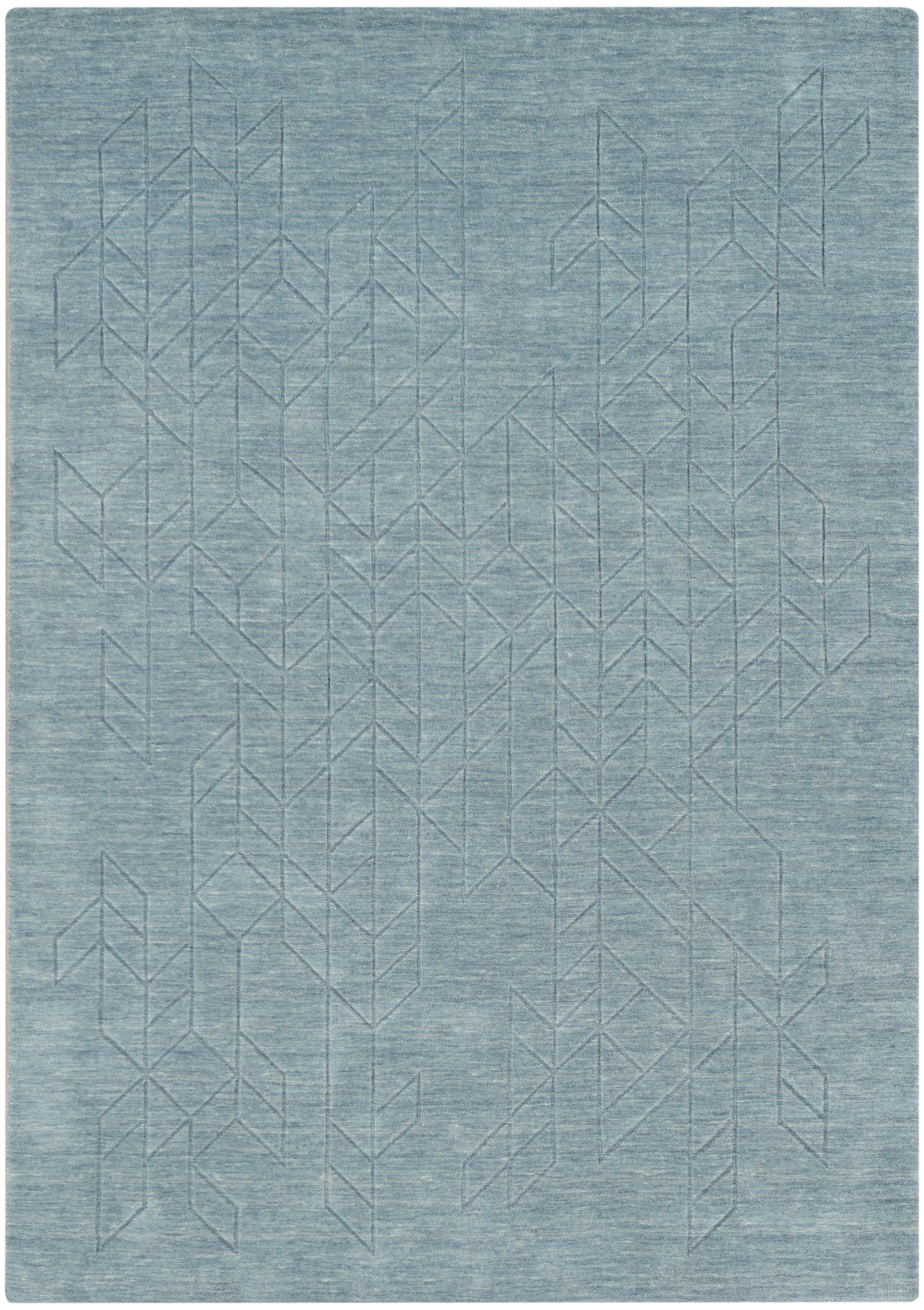 Rectangular blue-gray woven rug with subtle geometric chevron pattern; modern, versatile decor for living room.