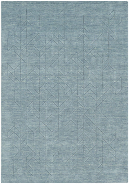 Rectangular blue-gray woven rug with subtle geometric chevron pattern; modern, versatile decor for living room.