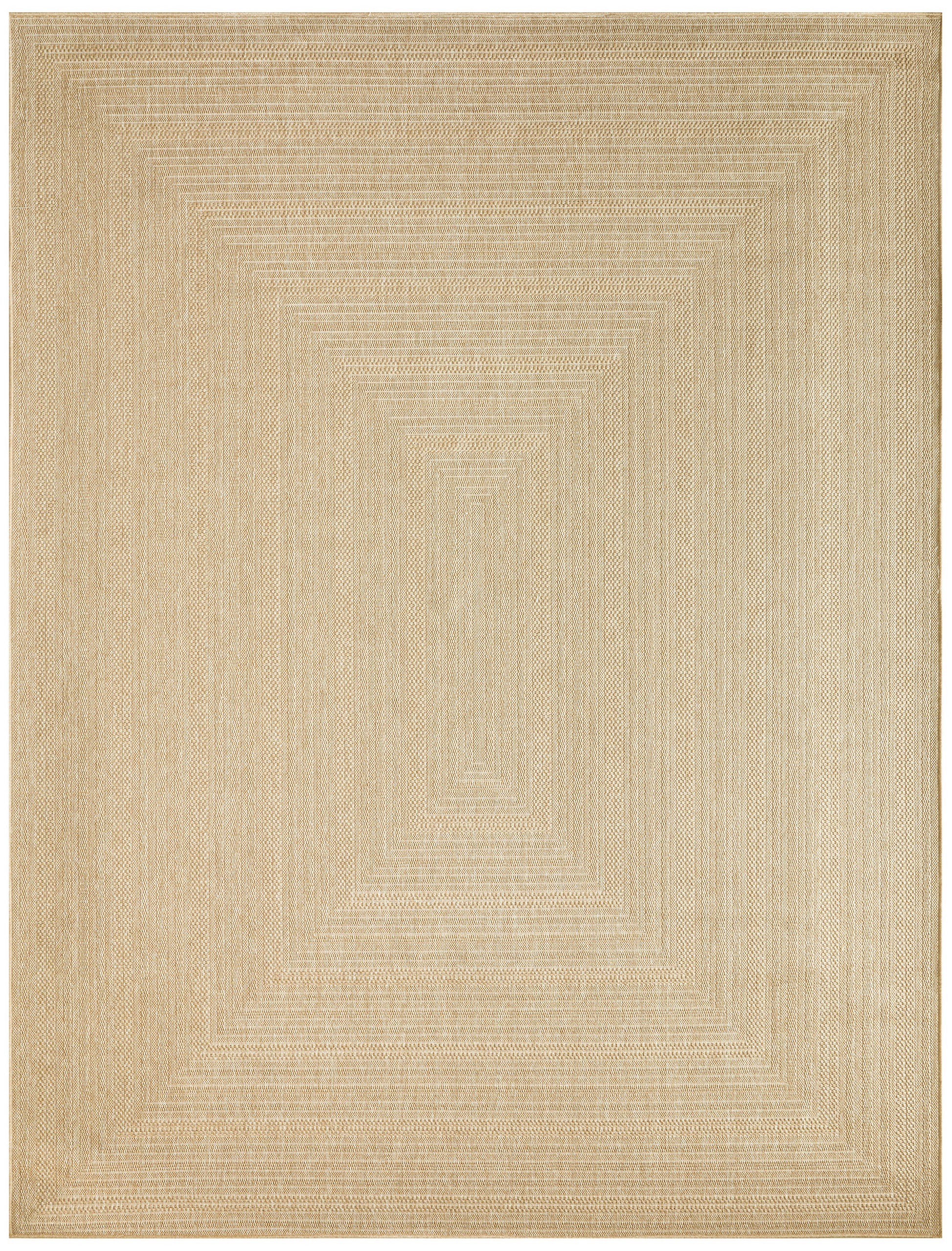 Beige woven rug with a stepped concentric rectangle pattern; modern geometric style, flat-weave texture.