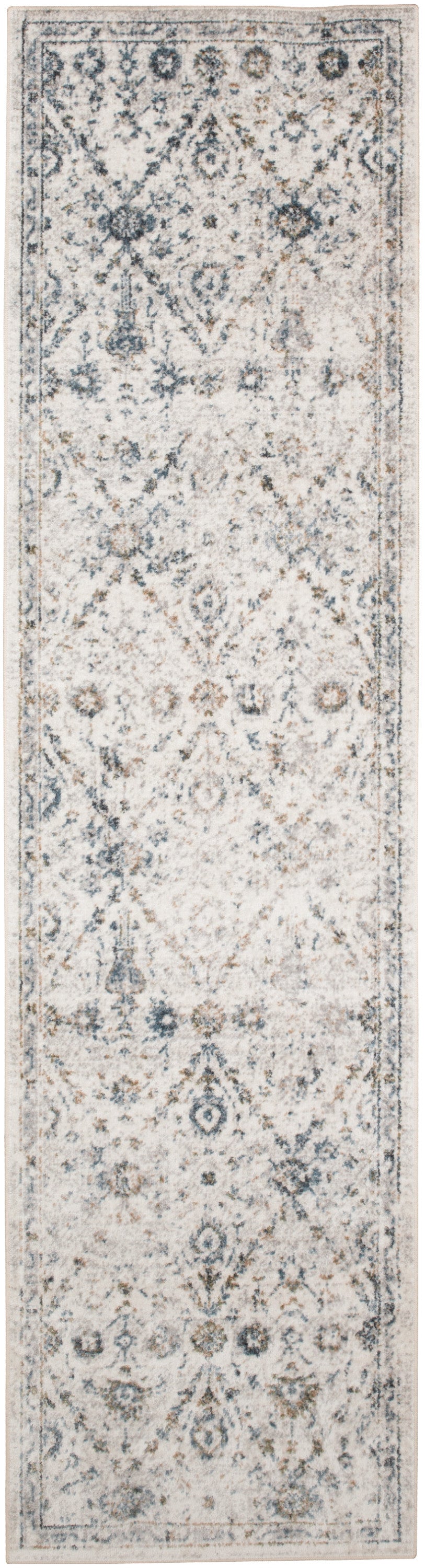 Long rectangular runner rug in ivory with muted blue-gray traditional floral medallion pattern; distressed vintage look.