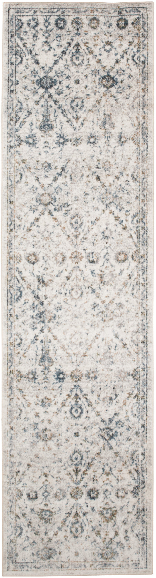 Long rectangular runner rug in ivory with muted blue-gray traditional floral medallion pattern; distressed vintage look.