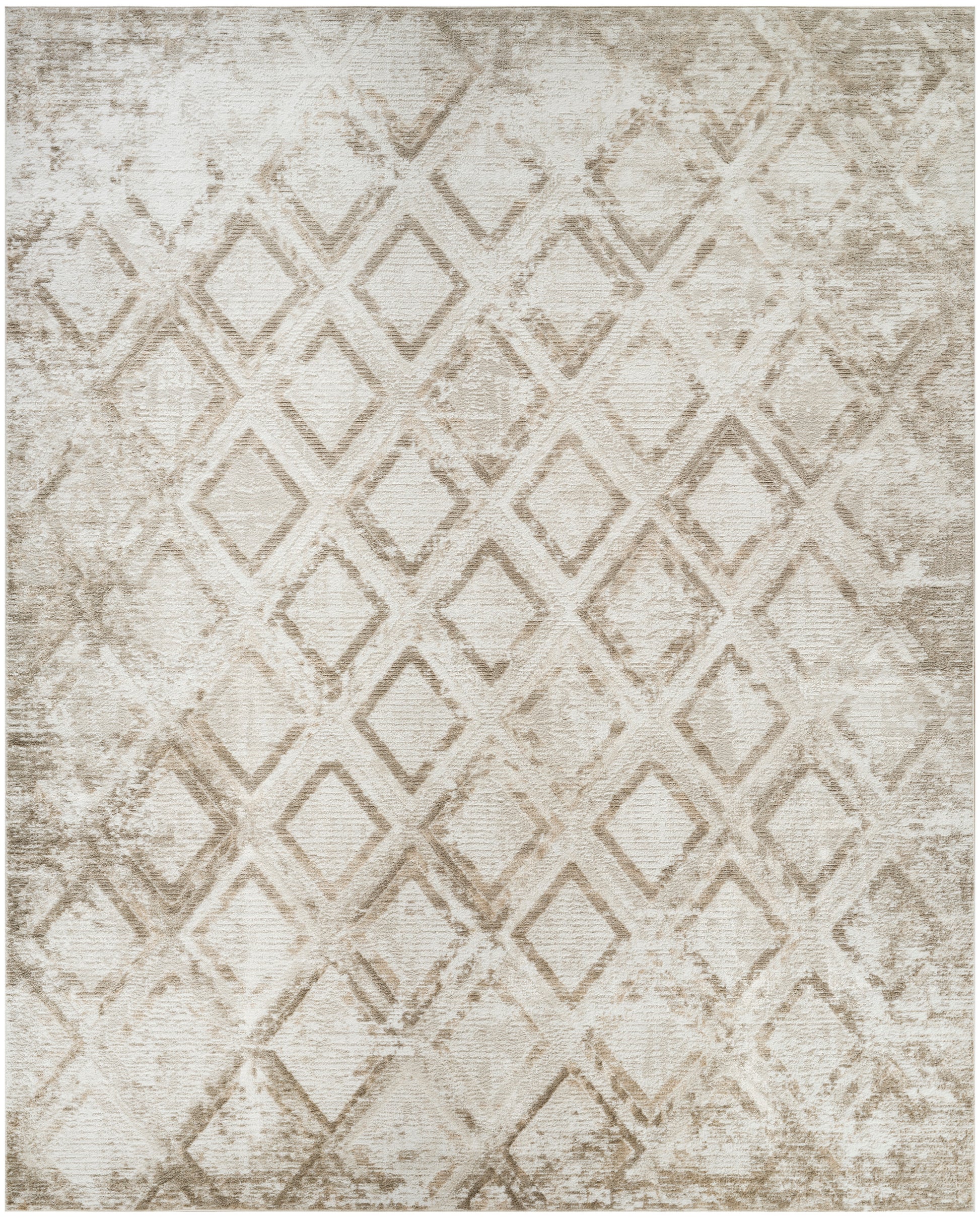 Beige distressed area rug with cream diamond lattice pattern; modern design, versatile for living rooms.