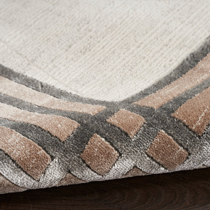 Close-up of a plush beige area rug with taupe-gray geometric border and light brown accents; soft high-pile texture.