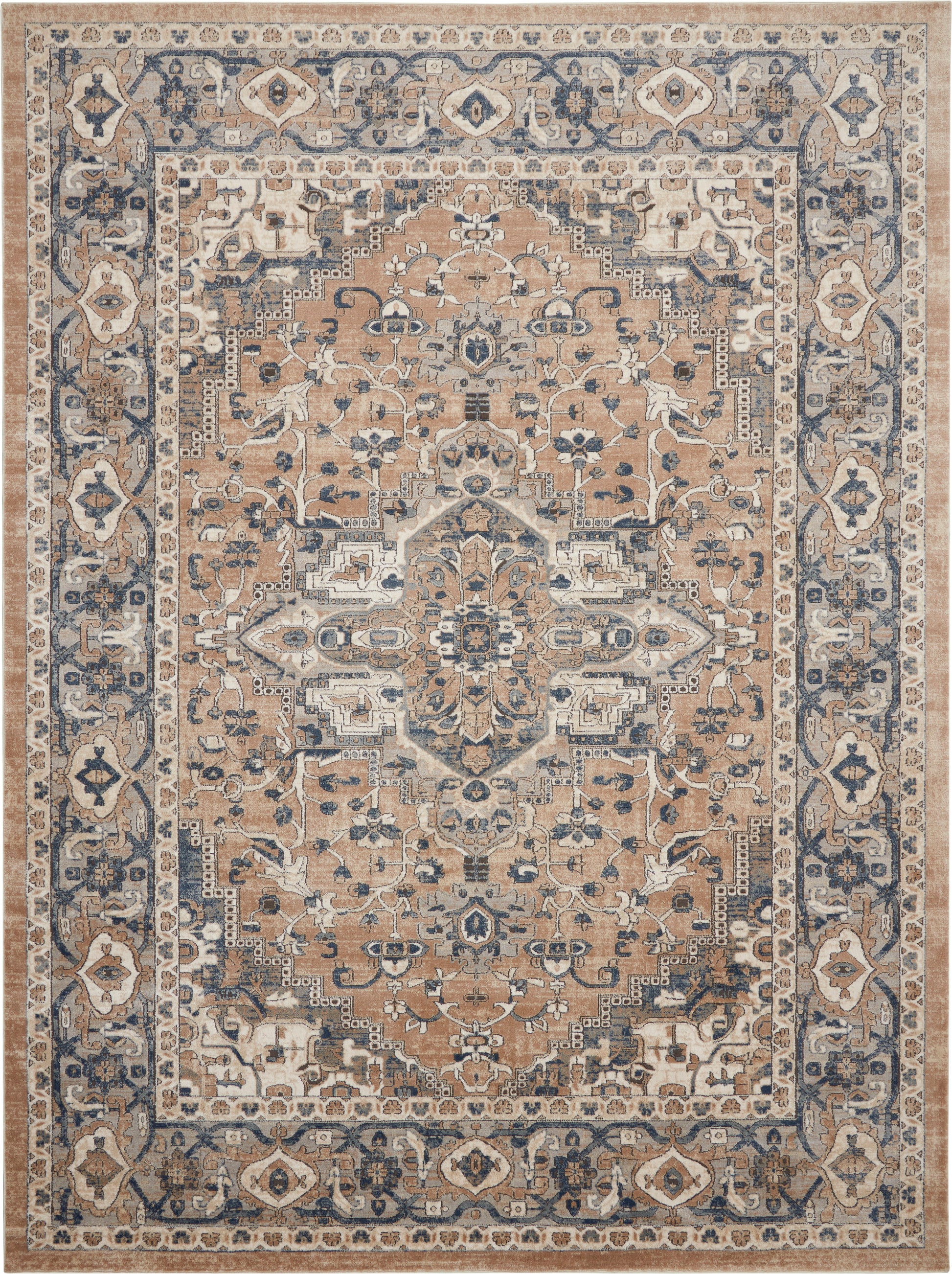 Traditional Persian-style area rug with tan field, ivory and blue detailing, central medallion and floral border.