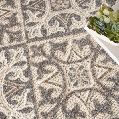 Close-up of a beige-gray patterned rug with floral medallion motifs; small succulent planter sits in the corner.