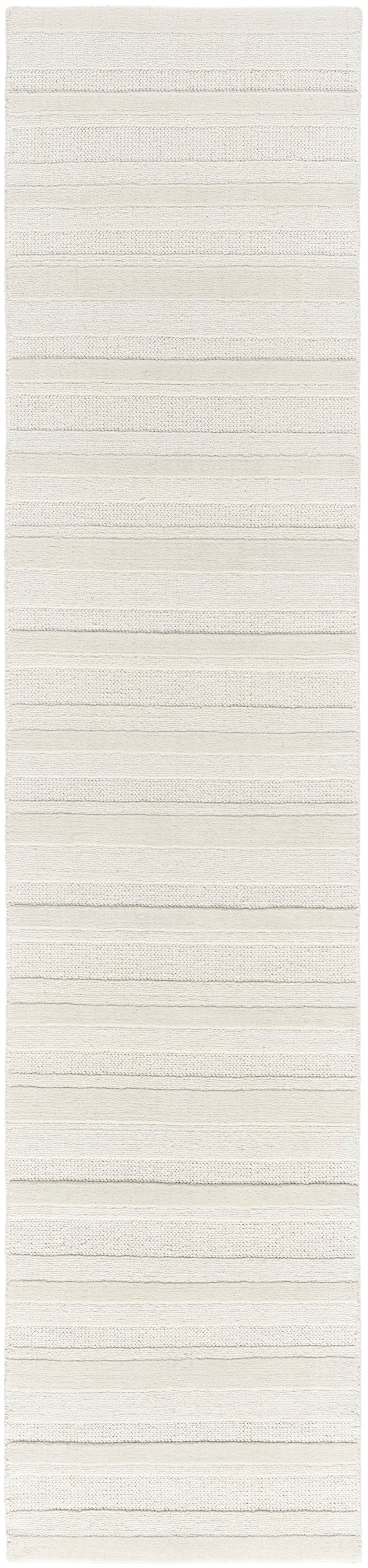 Cream striped runner rug with alternating textured bands; soft cotton weave for hallway or bath