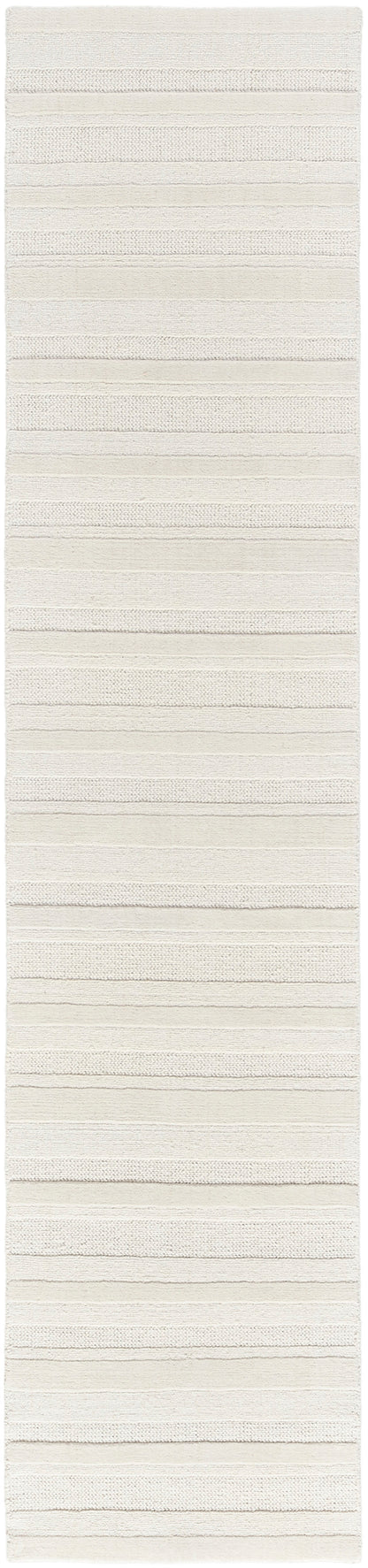 Cream striped runner rug with alternating textured bands; soft cotton weave for hallway or bath