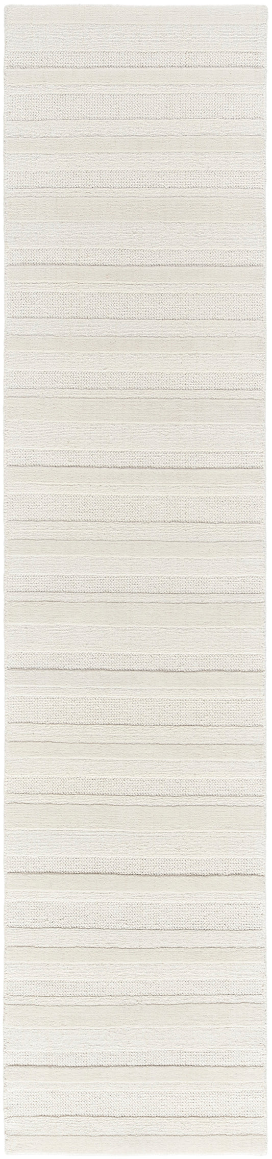 Cream striped runner rug with alternating textured bands; soft cotton weave for hallway or bath