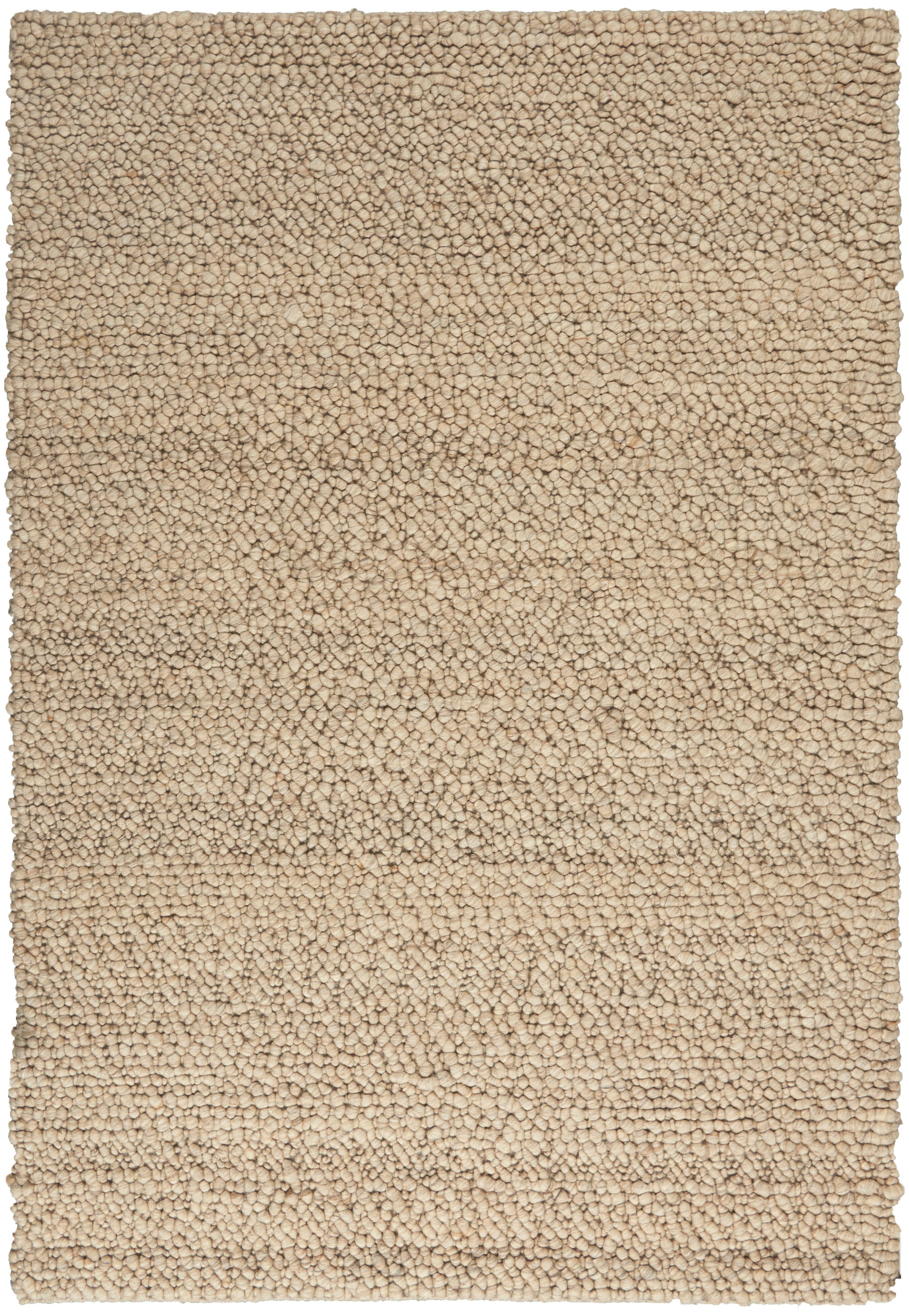 Beige shag rug with chunky boucle loop pile, rectangular & cozy for neutral decor.