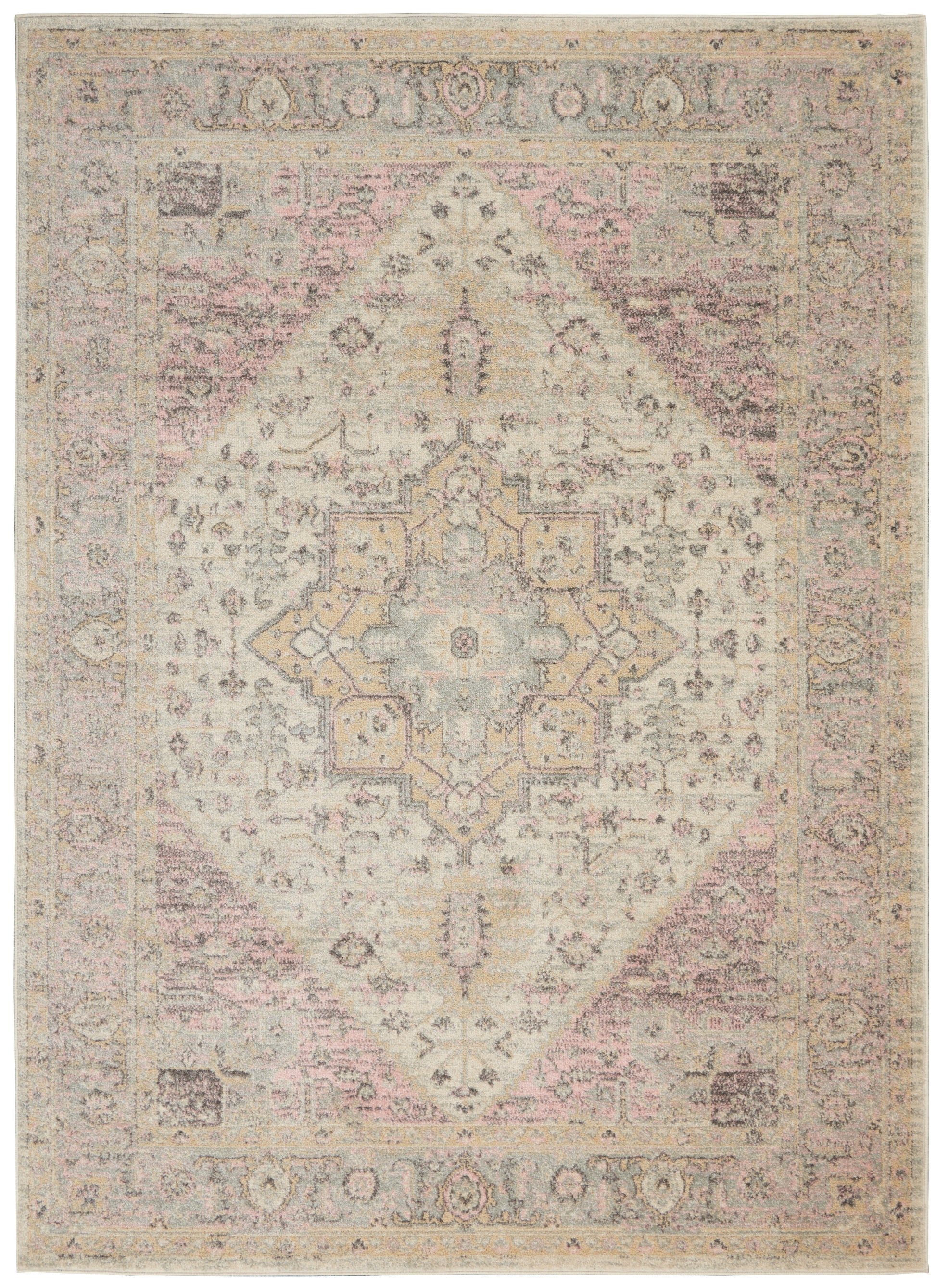 Antique-inspired rug with a central diamond medallion in cream, pink, and pale blue; softly distressed oriental pattern.