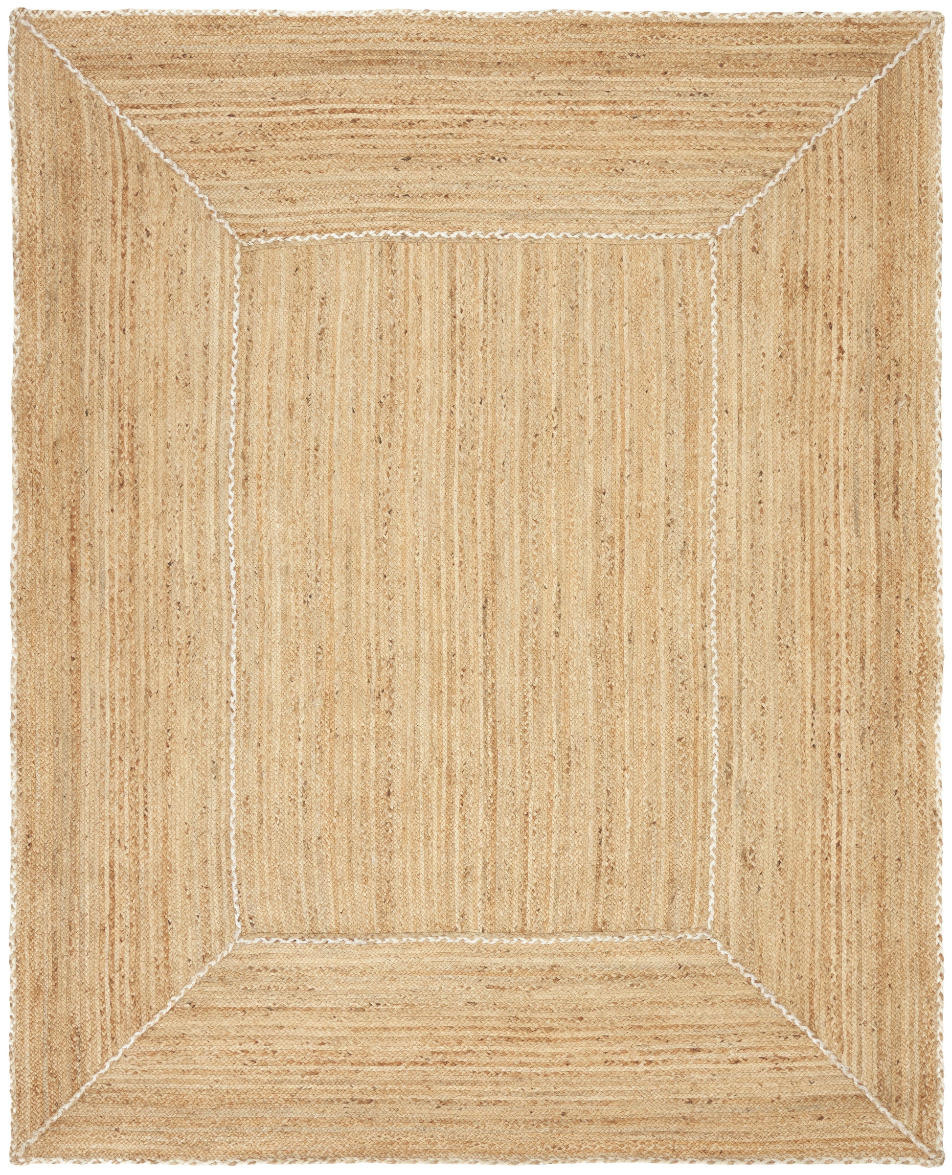 Natural jute rug with a framed rectangular border, woven texture, rustic farmhouse style floor mat.