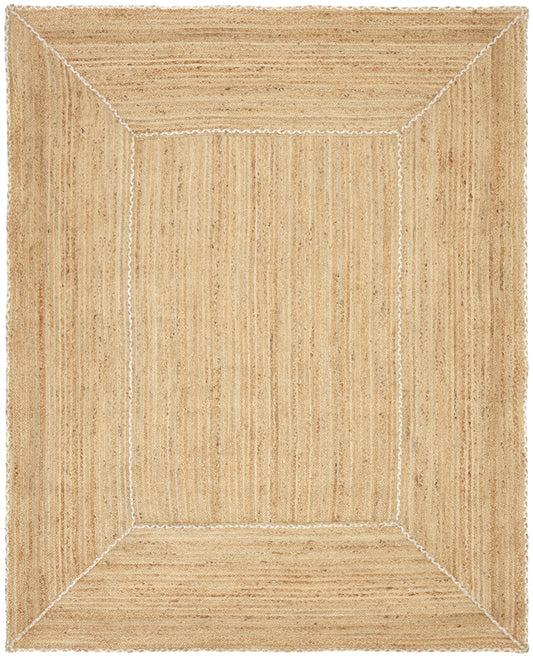 Natural jute rug with a framed rectangular border, woven texture, rustic farmhouse style floor mat.