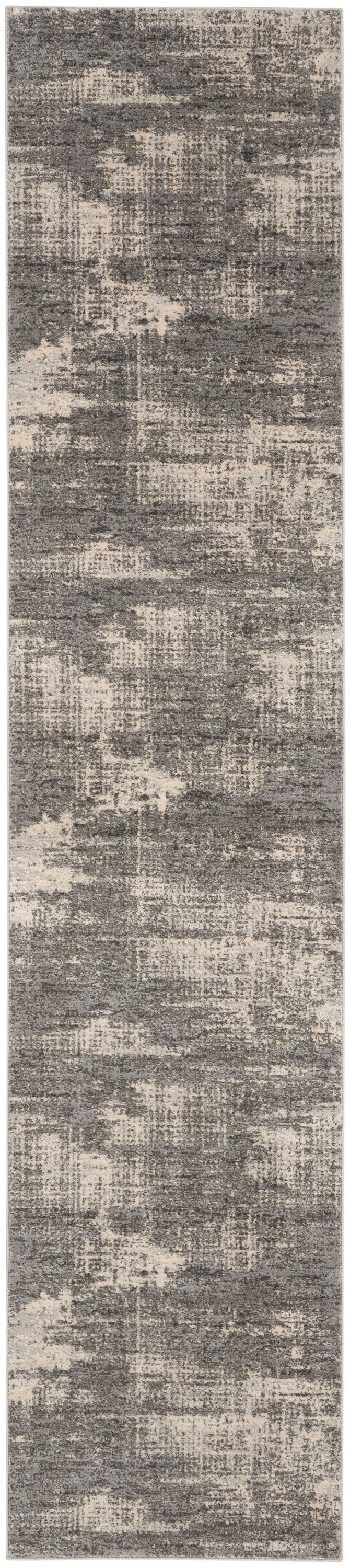 Gray-beige distressed abstract rug runner; rectangular, low-pile, modern decor for hallway or living space.