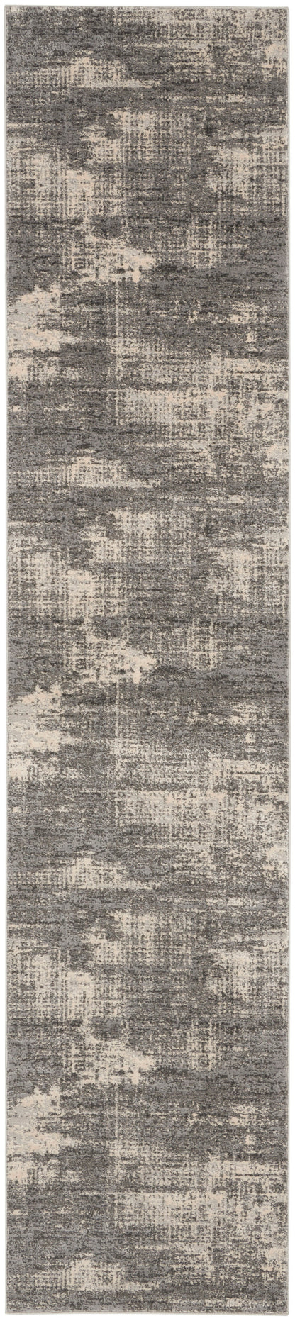 Gray-beige distressed abstract rug runner; rectangular, low-pile, modern decor for hallway or living space.