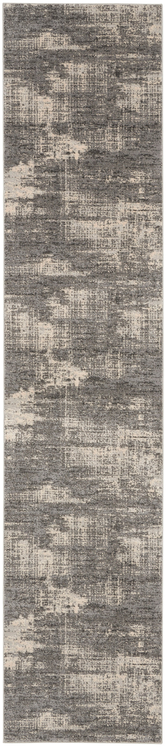 Gray-beige distressed abstract rug runner; rectangular, low-pile, modern decor for hallway or living space.