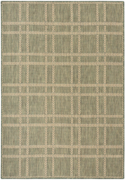 Rectangular olive green and beige woven rug with geometric grid pattern and braided border.