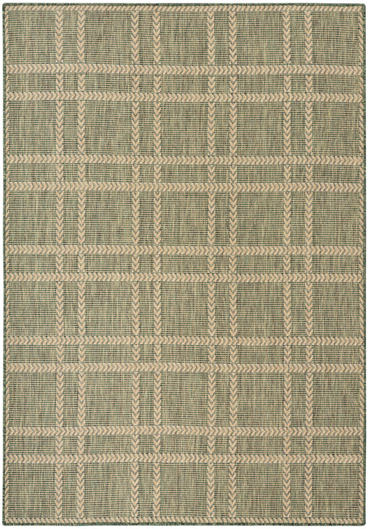 Rectangular olive green and beige woven rug with geometric grid pattern and braided border.