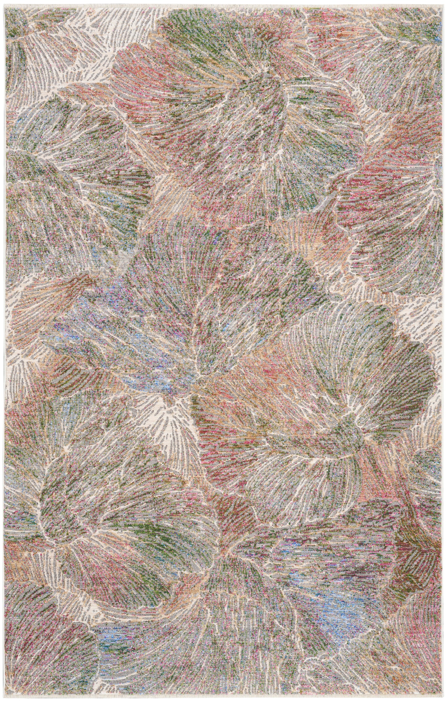 Colorful abstract rug with overlapping circular petal motifs in pastels; soft woven texture, modern decorative floor accent.