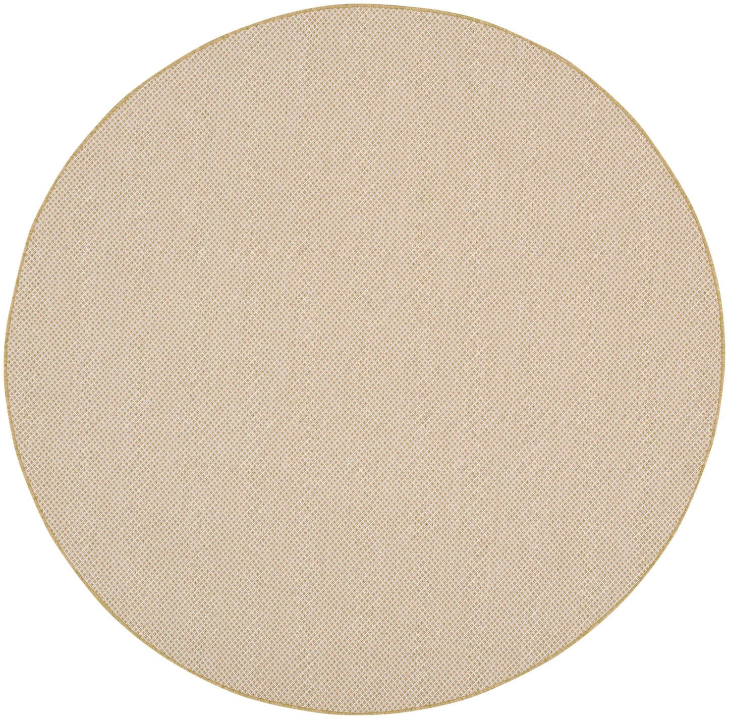 Round beige textured rug with a fine dot pattern and a thin gold rim.