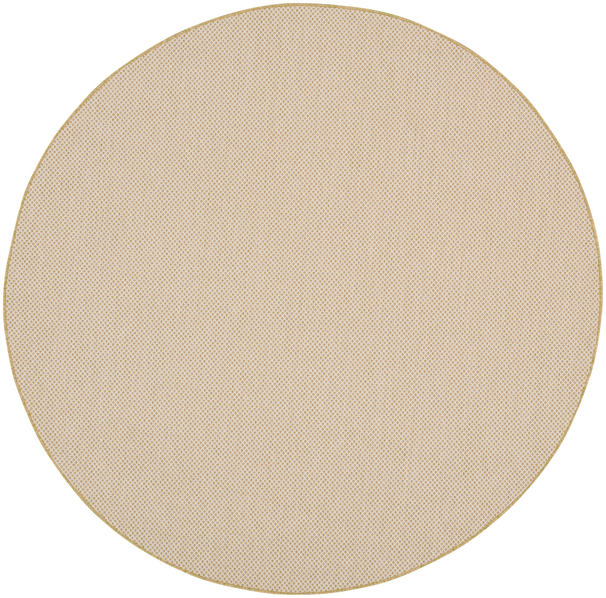 Round beige textured rug with a fine dot pattern and a thin gold rim.