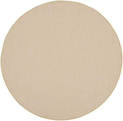 Round beige textured rug with a fine dot pattern and a thin gold rim.