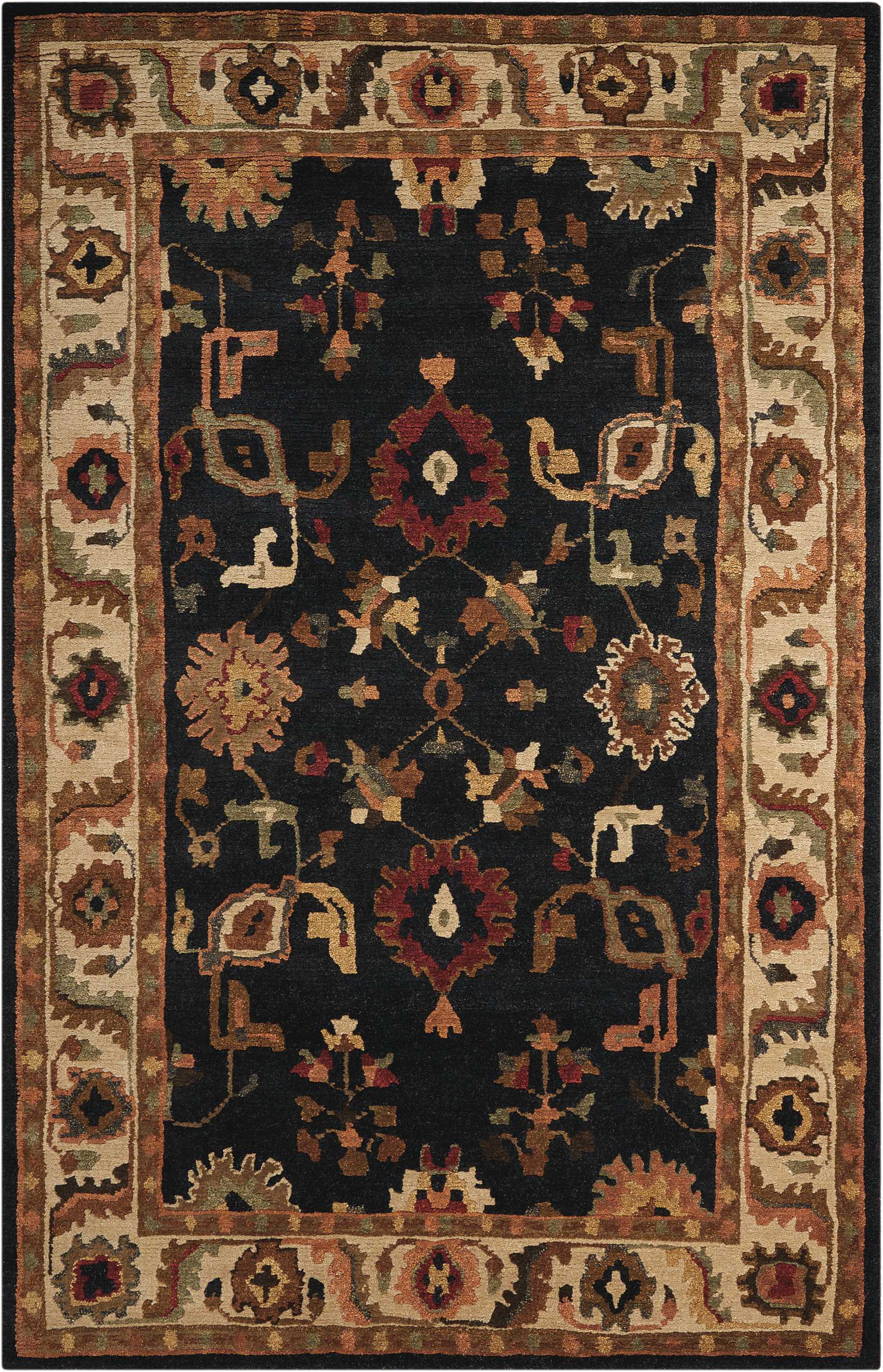 Traditional oriental woven rug with dark navy field, warm floral motifs and a beige-gold border.
