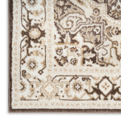 Rectangular cream and beige area rug with brown Persian-style floral motifs and an ornate border.