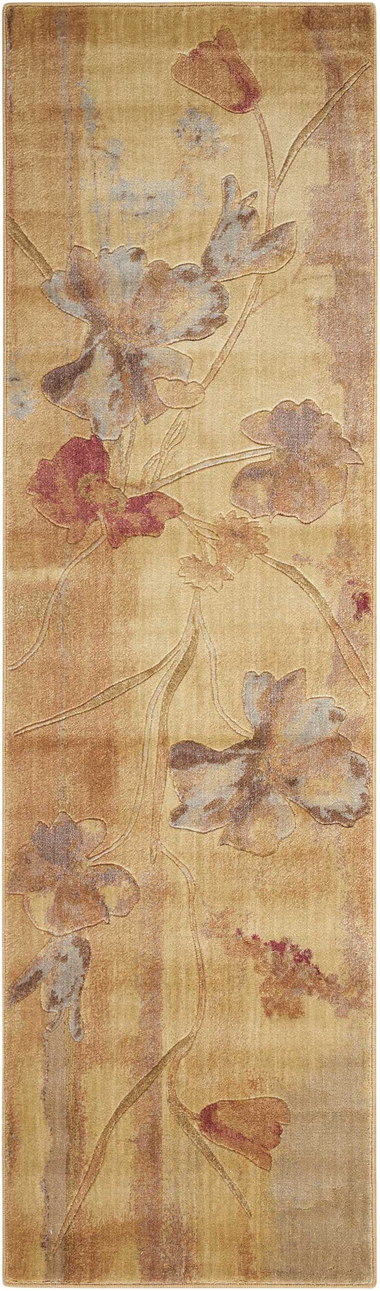 Golden-beige area rug featuring pale blue & rust floral motif with leaf stems, botanical design.